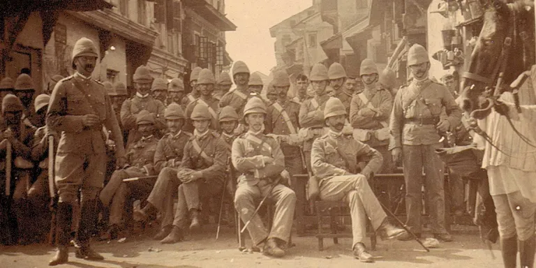 Men of the Royal Dublin Fusiliers on duty during house-to-house visitations, Bombay, 1897