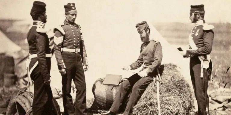 Captain Mark Walker VC (seated) with colleagues from the 30th (Cambridgeshire) Regiment in the Crimea, 1855