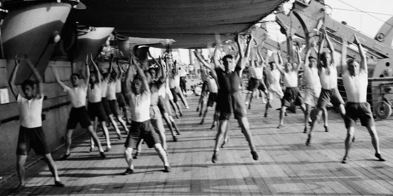 3rd County of London Yeomanry (Sharpshooters) keeping fit on board HMT 'Orion' en route to Egypt, 1941