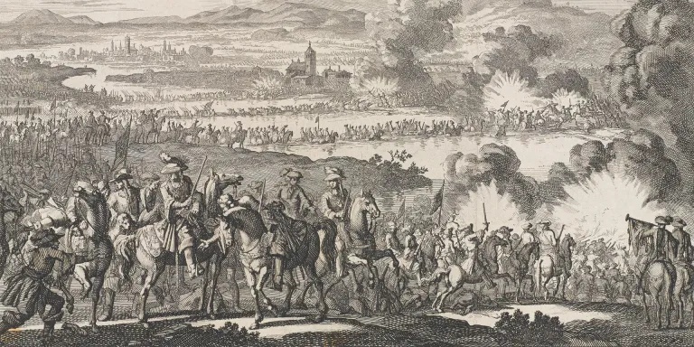 ‘Passage de Boyne’ etching depicting the wounding of King William by a cannon ball