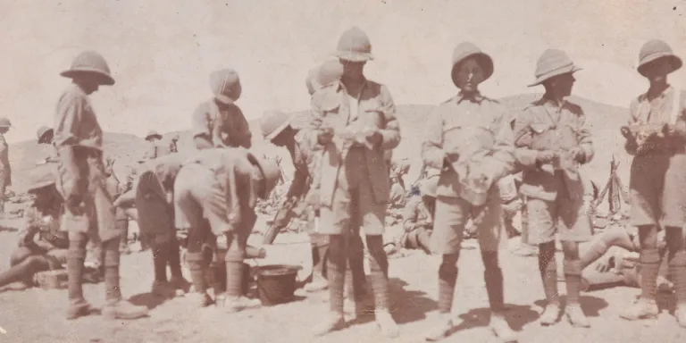 Members of 2nd Battalion The Devonshire Regiment on a meal break during service on the North West Frontier, India, c1919