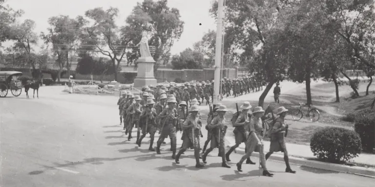 Members of 2nd Battalion, The Suffolk Regiment on the march, India, c1935