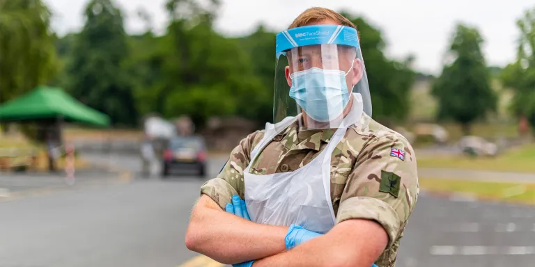 Gunner of the Royal Artillery at a Covid mobile testing unit, West Midlands Safari Park, June 2020
