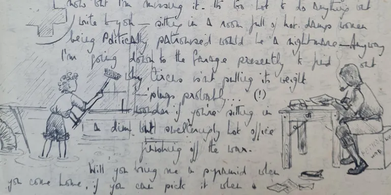 Detail from Valerie's letter featuring sketches of both herself (left) and Anthony (right)