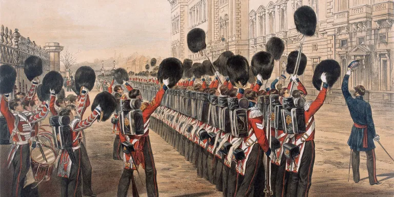 Scots Fusilier Guards parading at Buckingham Palace before departing for the Crimea, 1854