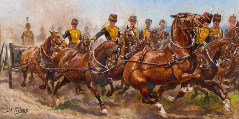 A battery of the Royal Horse Artillery galloping to a fresh position, c1911