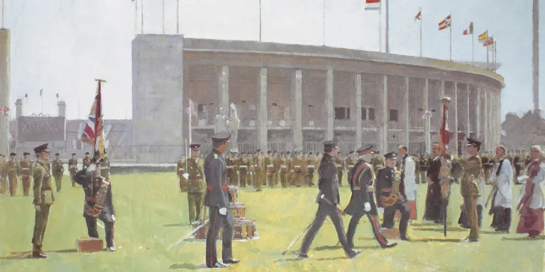 Presentation of Colours to the Prince of Wales’s Own Regiment of Yorkshire by Field Marshal Sir Edwin Bramall at the Olympic Stadium, Berlin, 1984