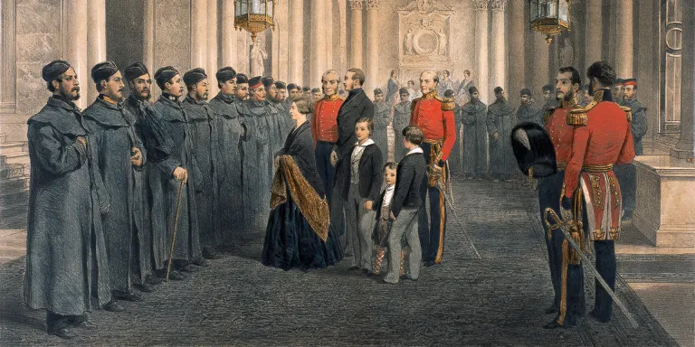 Queen Victoria inspecting the wounded soldiers of the Grenadier Guards at Buckingham Palace, 1855