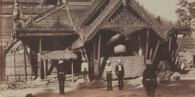 Troops outside the Shwesandaw pagoda at Rangoon, 1852