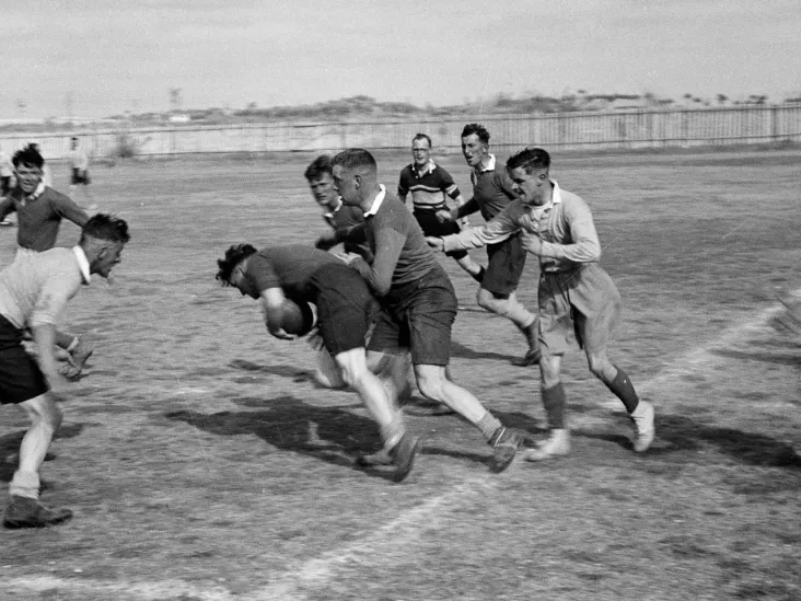 Rugby match featuring members of the 3rd County of London Yeomanry, 1942